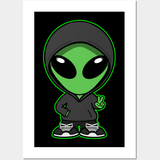 Hooded Space Alien Peace Hand Sign Green Posters and Art